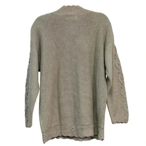 Vintage 90s Cable Knit Sweater Size Large Green Ramie Cotton Beaded Hand Knit - Picture 10 of 13